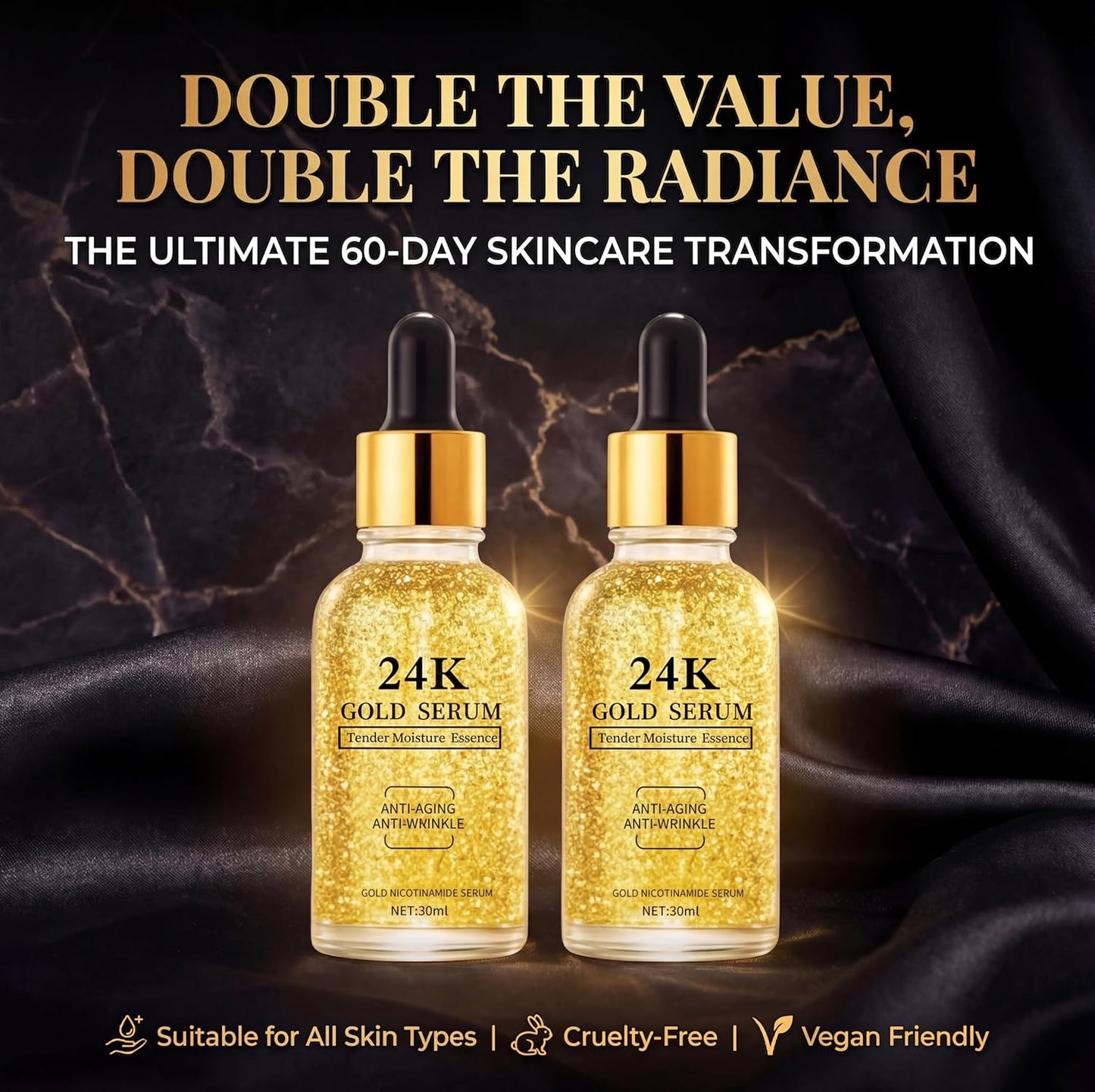 24K Gold Serum for Face, 2-Pack Anti-Aging Moisturizer with Vitamins, Collagen Booster Serum & Hyaluronic Acid for Fine Lines & Firming, 2.02 Fl Oz